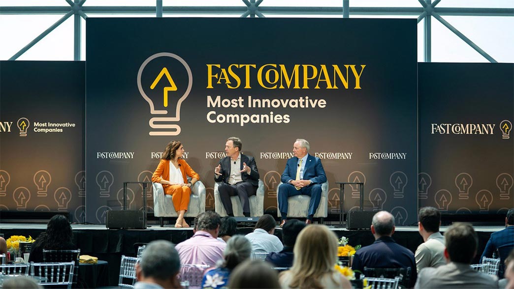 Texas A&M President Mark A. Welsh III and Dean Tim McLaughlin presenting during the Fast Company panel