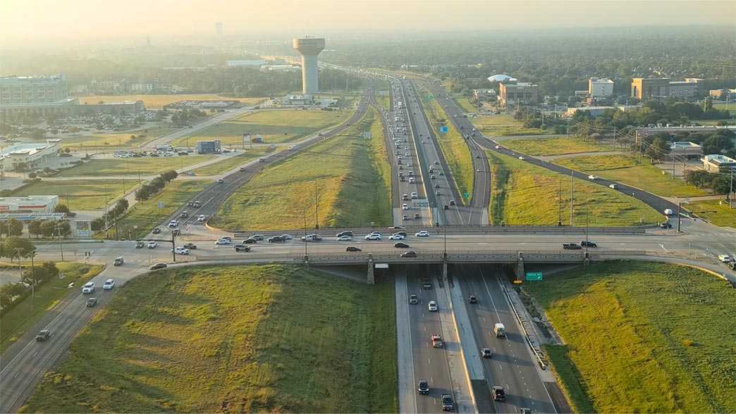 Aerial view of Highway 6 running through College Station, Texas
