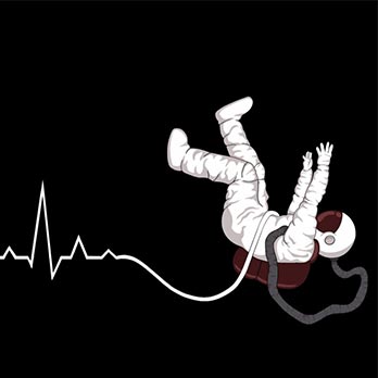 An illustration of an astronaut with a tether that is replicating a heart rhythm